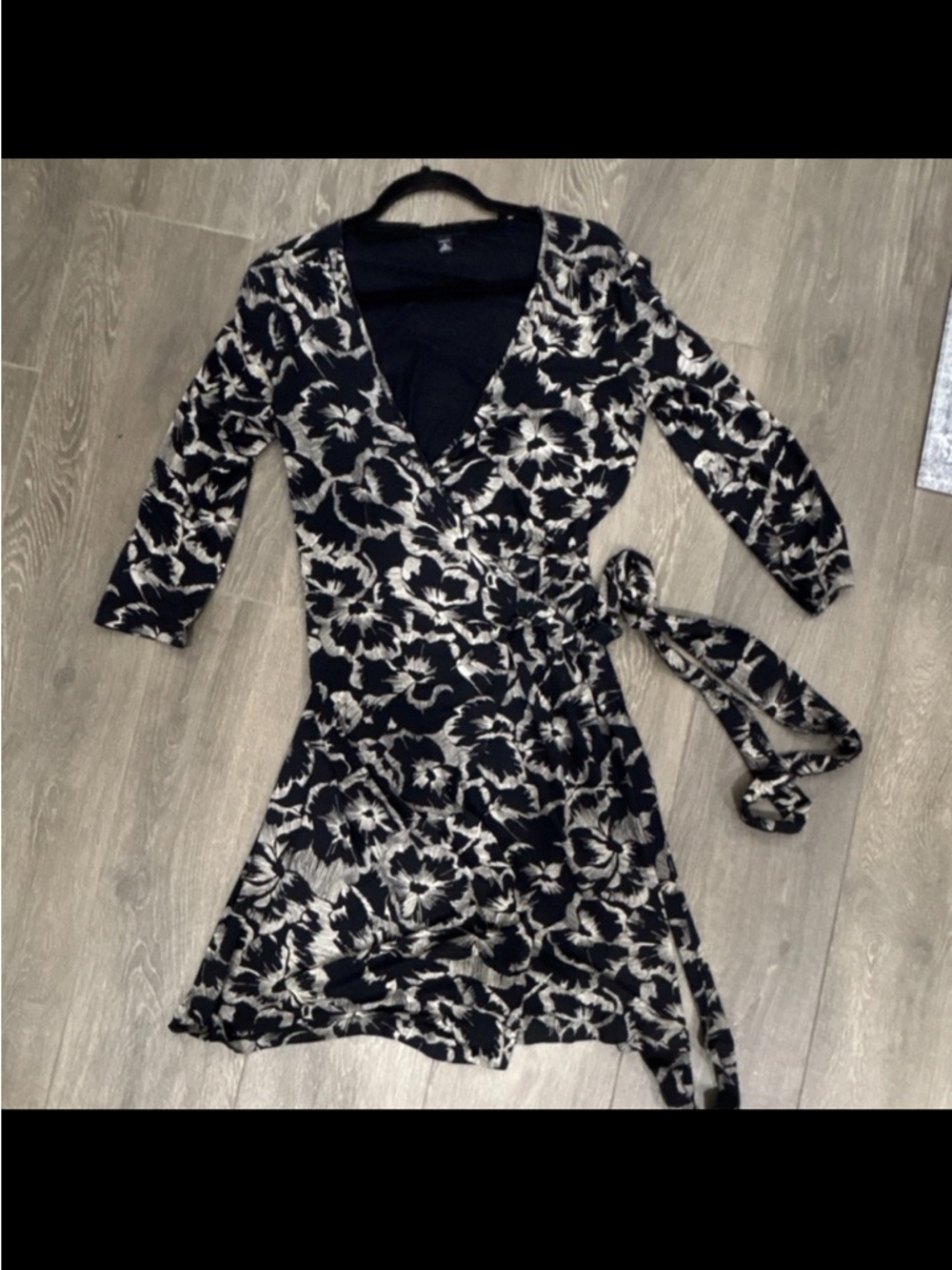Banana Republic Black and Cream Floral Wrap Midi Dress with Self-Tie
